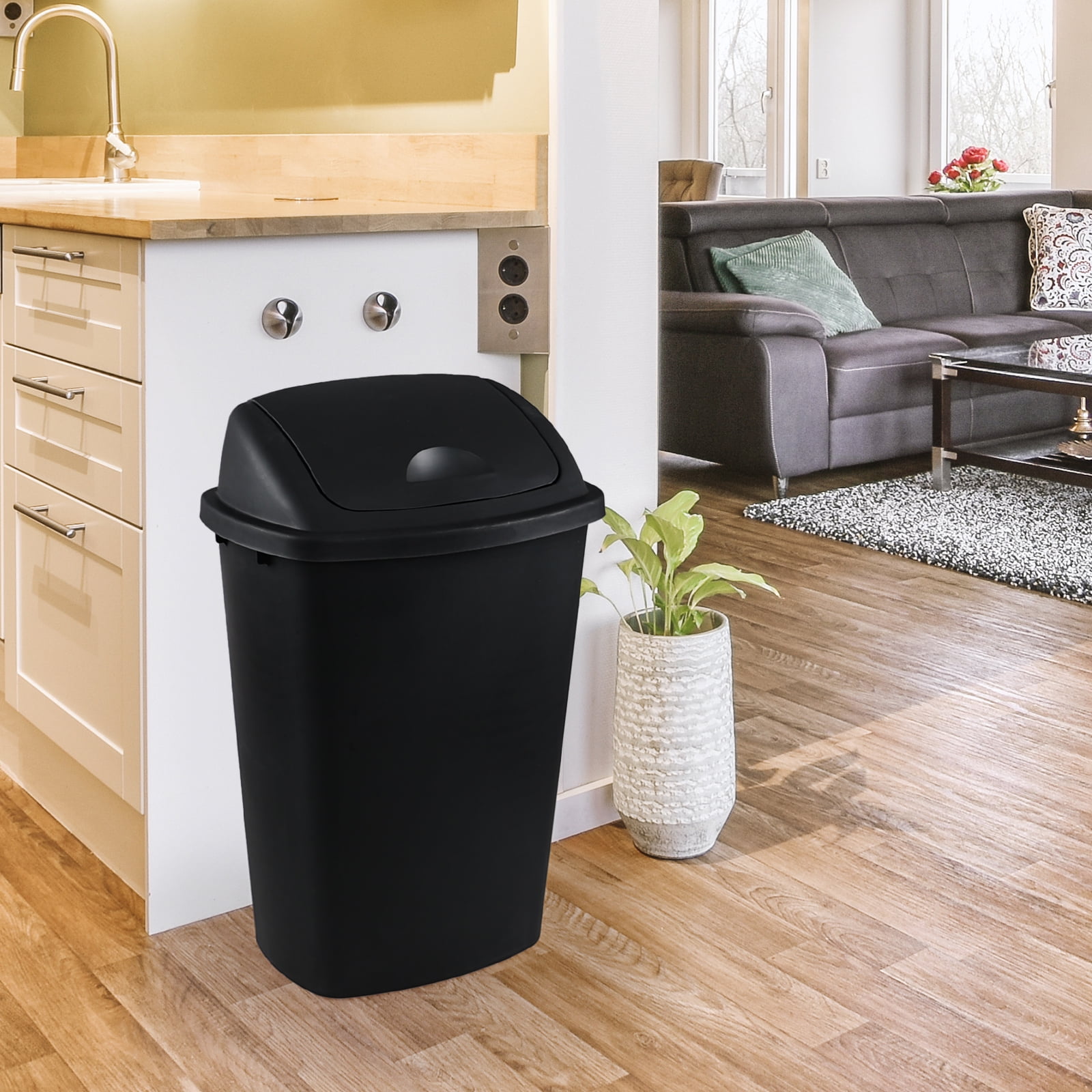 Xowine 13 Gallon Plastic Swing Top Trash Container, 4 Pack Black Plastic Trash Can with Lid for Kitchen