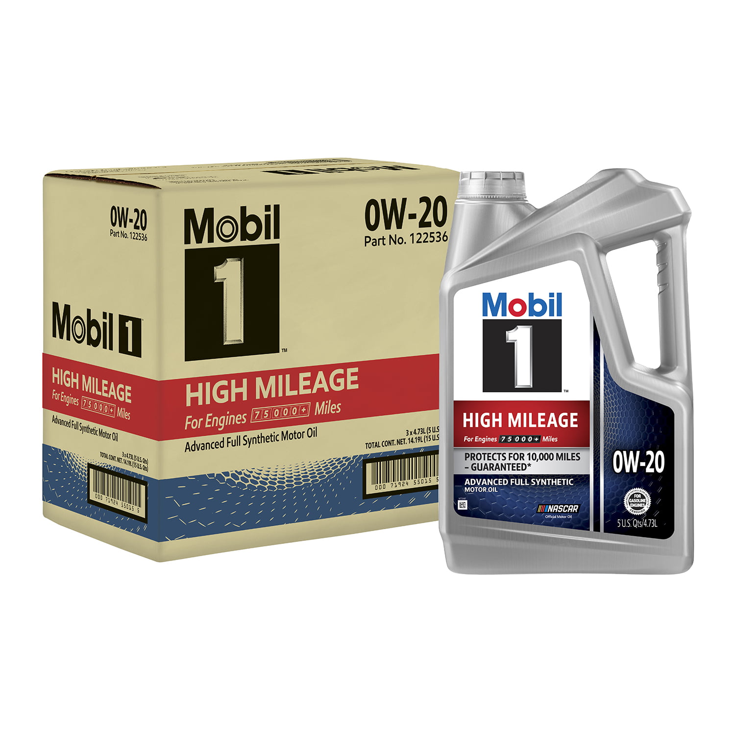 Mobil 1 High Mileage Full Synthetic Motor Oil 0W-20, 5 qt (3 Pack) - 1