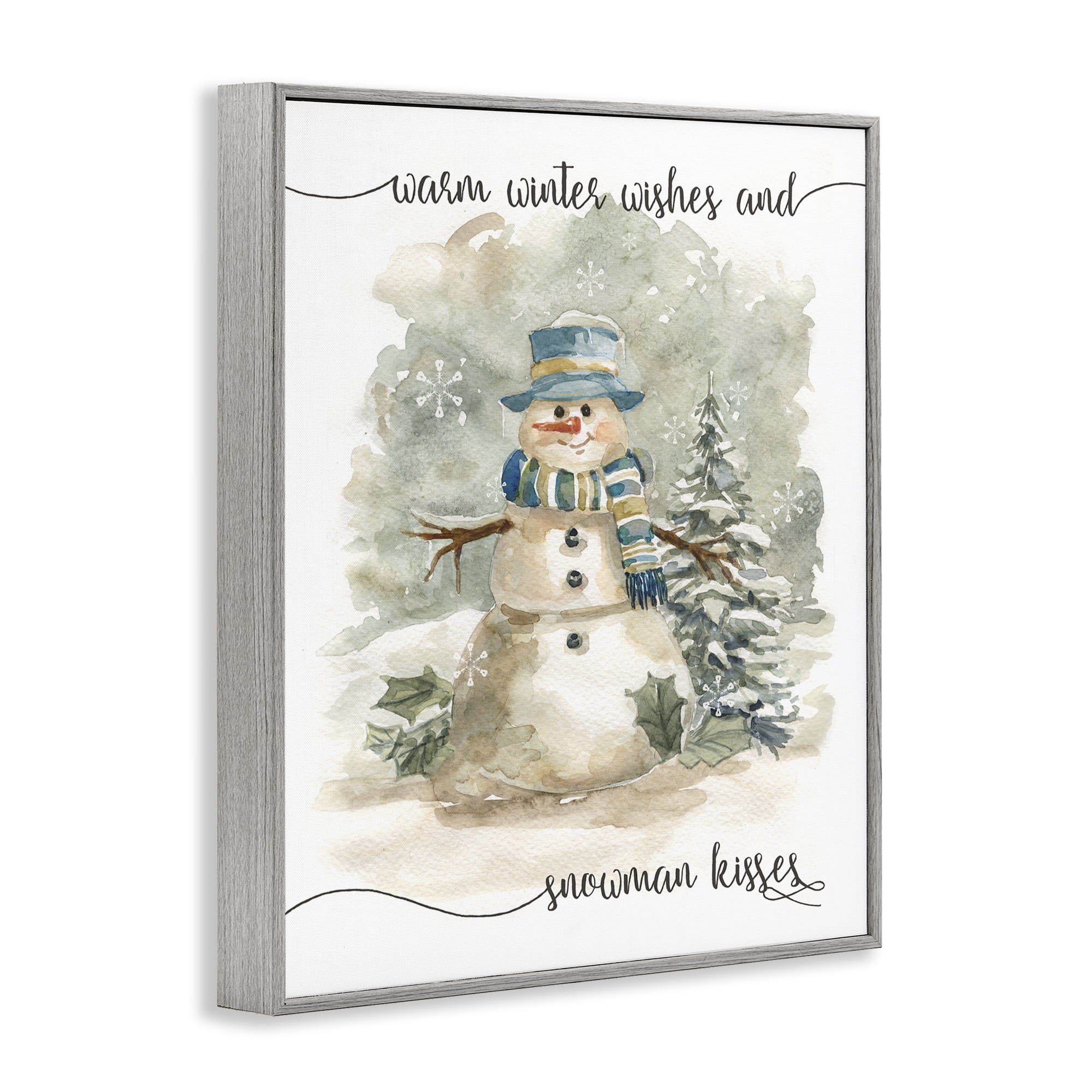 Stupell Industries Snowman Kisses Phrase Holiday Painting Gray Framed Art Prints Wall Art, 11 x 14