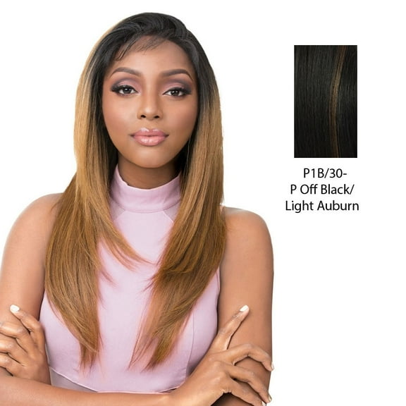 Vixen Y 100% Human Hair Premium Mix Full Lace Wig Vixen Y Yaki Straight,Off Black Base With Light Auburn Highlights