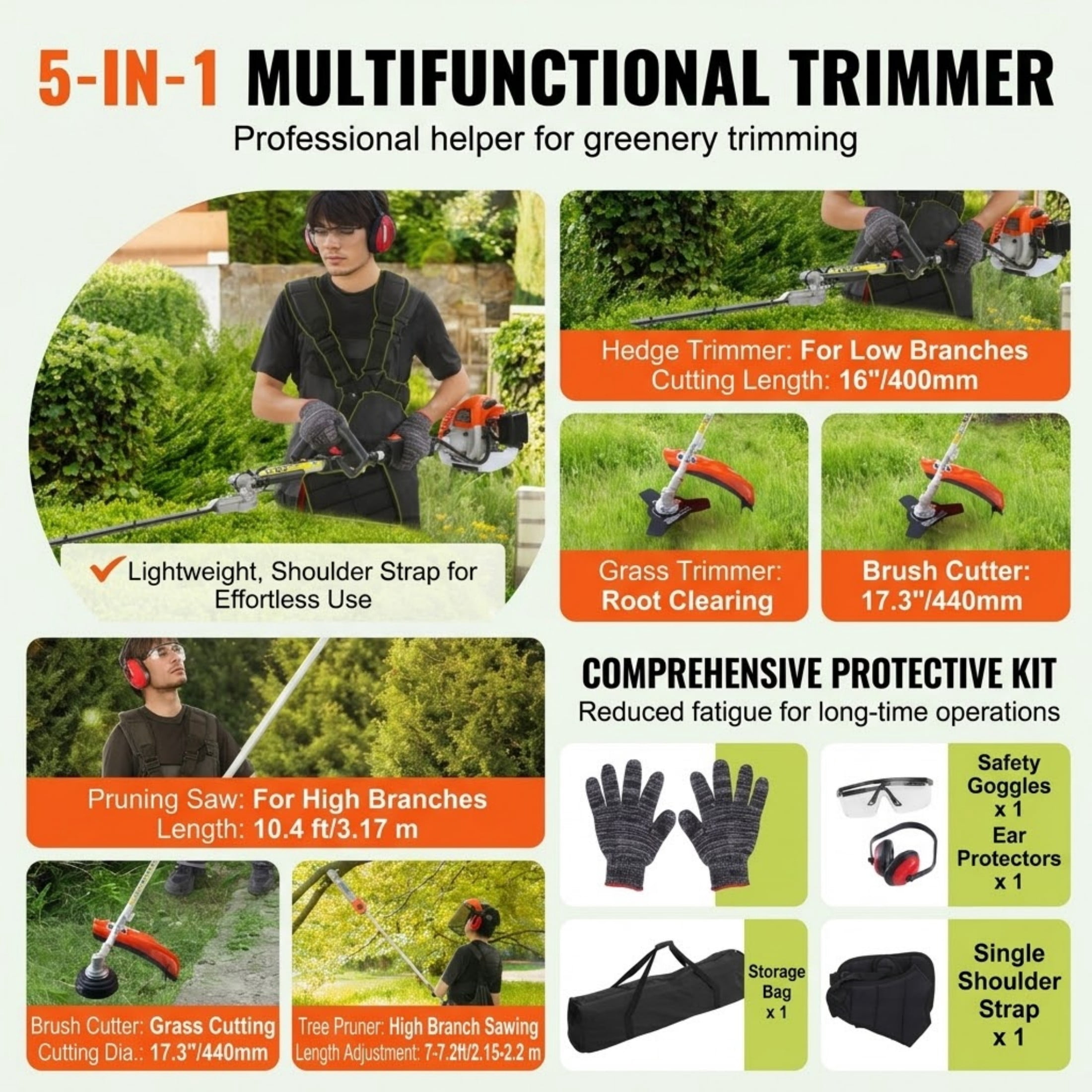 26CC 5-in-1 Gas Powered Multi-Functional Trimming Tool, String Trimmer, Hedge Trimmer, Pole Saw, Edger with Extension Pole