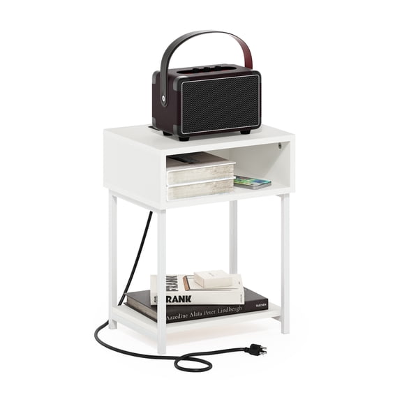 Furinno Moretti 3-Tier White End Table with Charging Station, Metal Frame Side Table with USB and Type-C Charging Port, Night Stand, Bedside Table for Living Room, Bedroom, Plain White