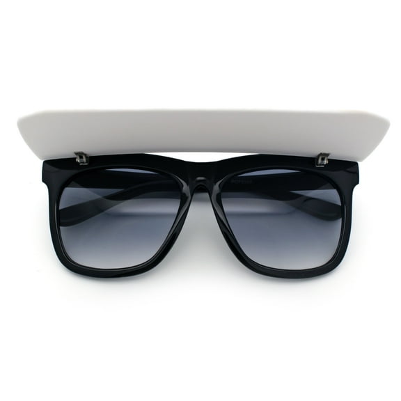 Unique Collapsible Sun Visor Horn Rim Hipster Plastic Sunglasses Black White - Smoke