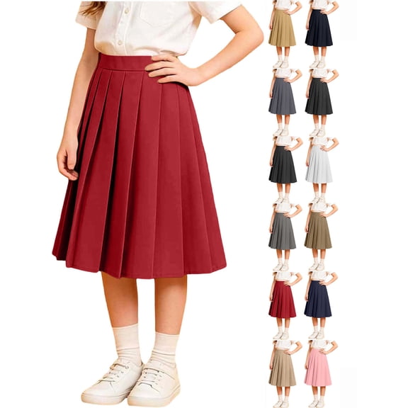 Hzzrkos Girls Casual Loose Solid Color High Waist Pleated A Line Mid Length School Uniform Skirt Academic Style Elastic Waist Swing Skirt Red