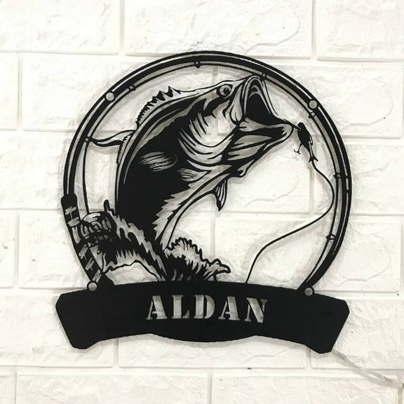 Craftnamesign Custom Bass Fishing Metal Wall Art LED Light, Bait Hook Bass Fish Decor