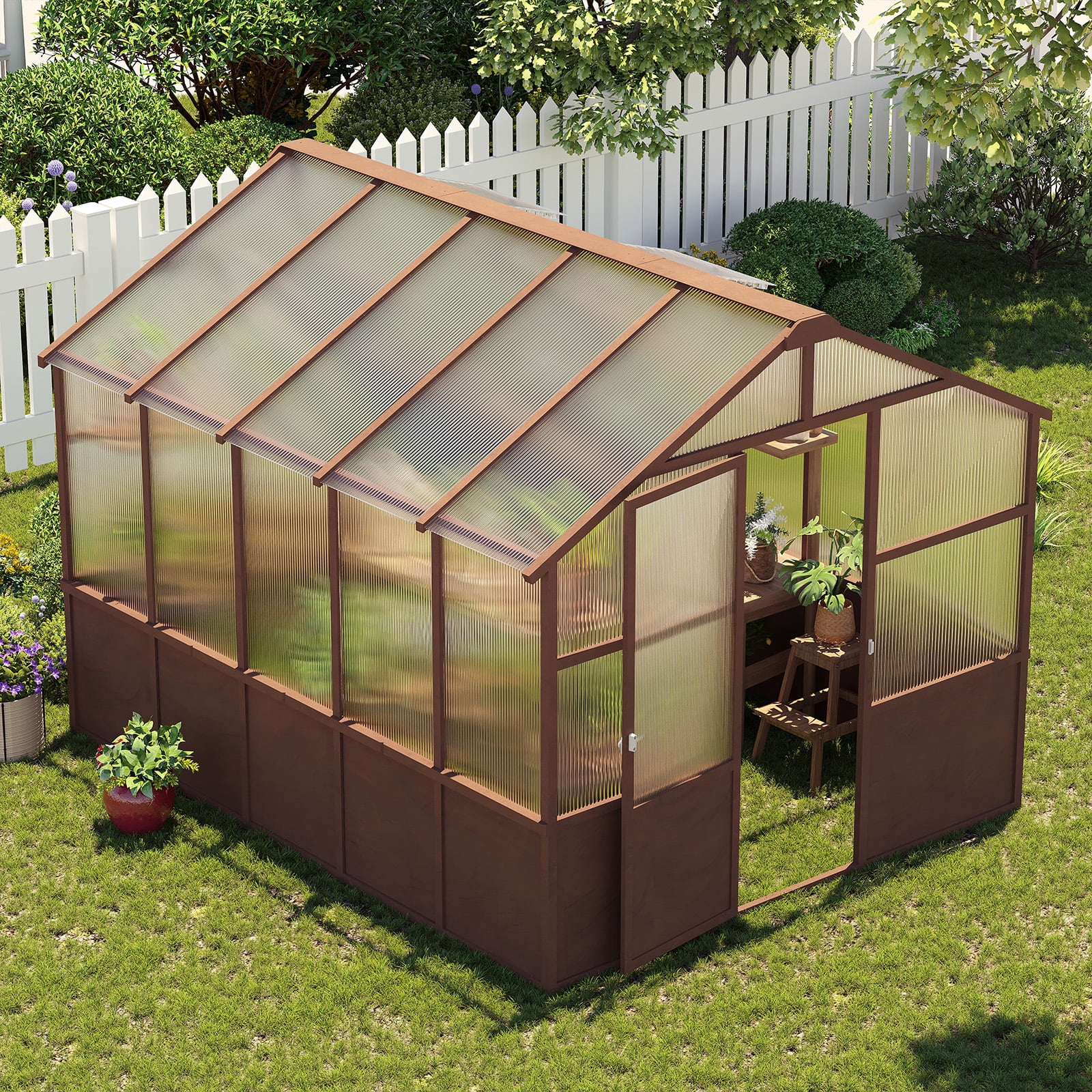8x10 FT Premium Cedar Wood Greenhouse Kit, 6MM Twin-Wall Polycarbonate Panels, Walk-in Wooden Green House with Adjustable Vent & Lockable Door, Heavy Duty UV-Protected Garden Nursery for Outside