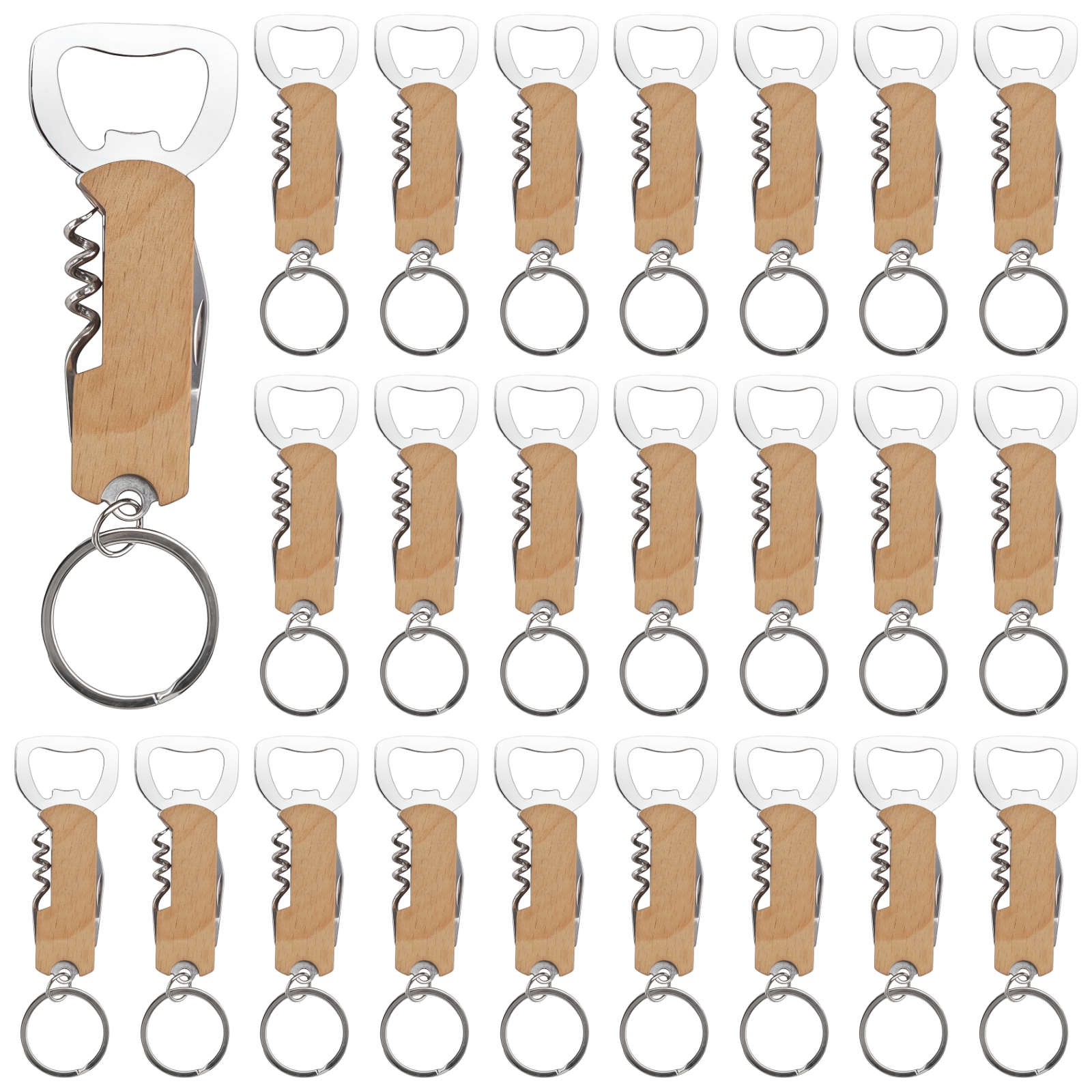 24 Pcs Bottle Opener Keychains, Multi-Function Beer Openers with Wooden Handles & Cutters, Stainless Steel Wine, Beer, and Foil Cutter with Key Ring, Portable for Parties, Camping