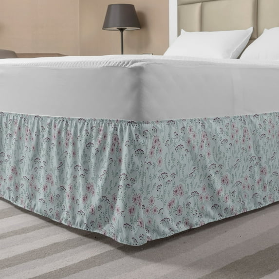 Floral Bed Skirt, Vintage Themed Meadow with Abstract Wild Flowers Botany Scene Illustration, Elastic Bedskirt Dust Ruffle Wrap Around for Bedding Decor, 4 Sizes, Blue and Multicolor, by Ambesonne