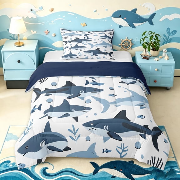 Manfei Ocean Shark Twin Comforter Sets, Kawaii Sealife Lover Bedding Set, Navy Blue, Blue Reversible, 2-Piece, 1 Comforter and 1 Pillowcase