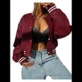 thumbnail image 2 of Chaqueta de Corta con Botones y Larga con Cuello Alto para Mujer, Estilo Motero Informal, para Otoño. Vino Tinto XL, 2 of 5