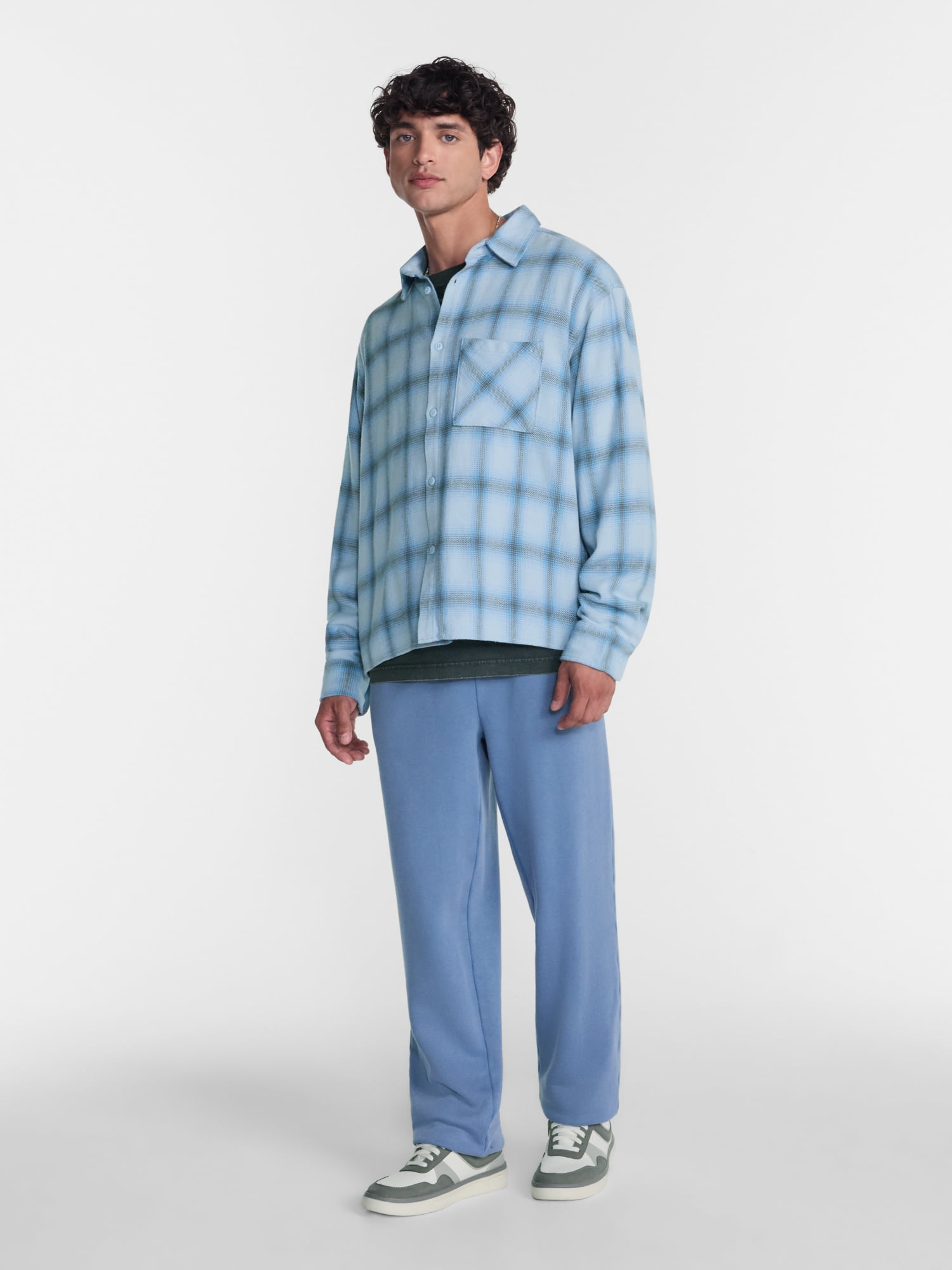 No Boundaries Boxy Cotton Plaid Flannel with Long Sleeves, Men's and Big Men's XS-4XLT