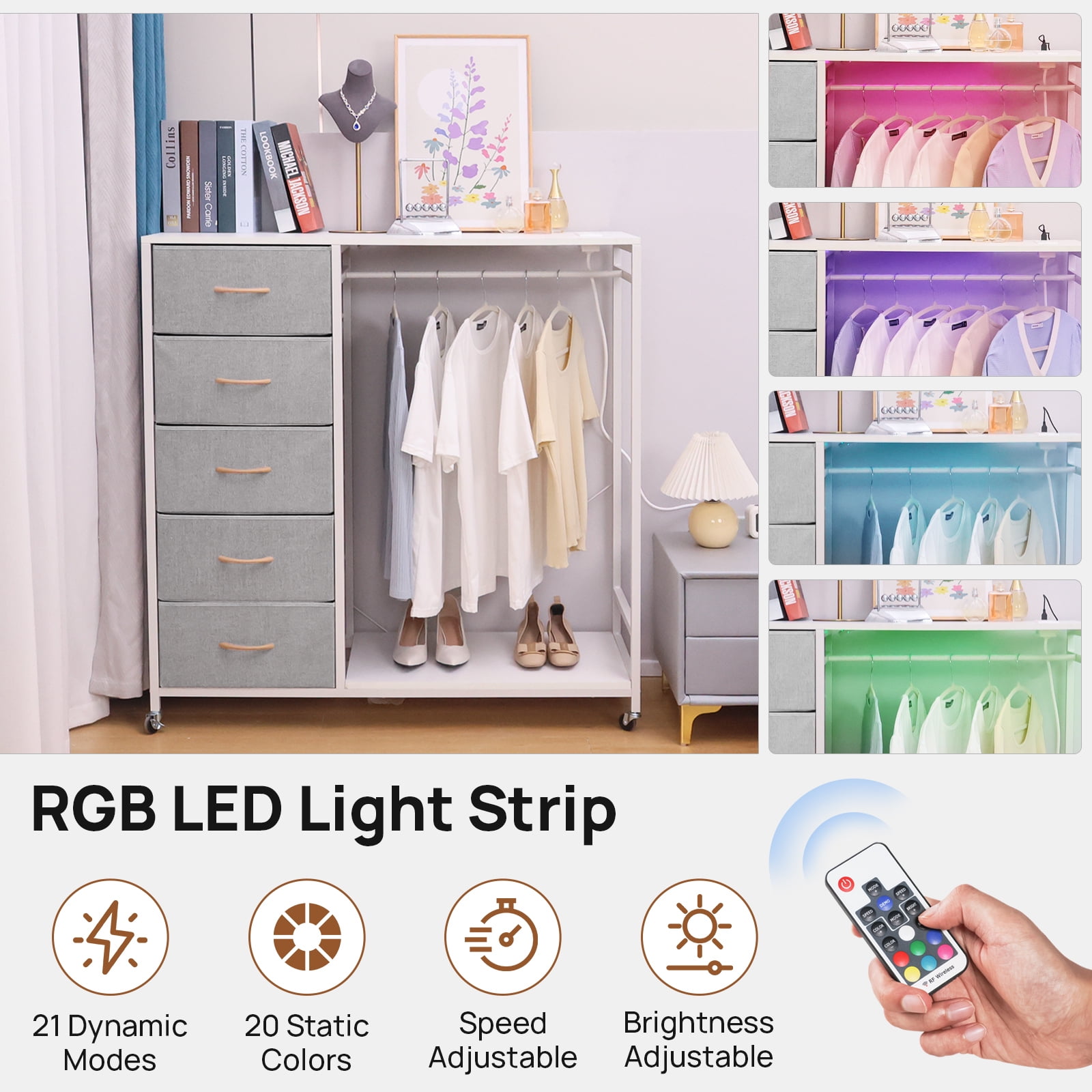 Walsport Dresser for Bedroom with Clothes Rack, 5 Drawers Dresser with Charging Station & LED Lights,Storage Chest of Drawers with Wheels, Wooden Top, Lockable Wheels, Bedroom, Closet(White)