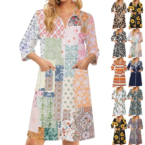Lightweight Robes for Women Zipper 3/4 Length Sleeve Summer Bathrobes for Women Zipper Front Knee Length Maple Leaf Print Plus Size Bathrobe Nightgown with Pockets White L