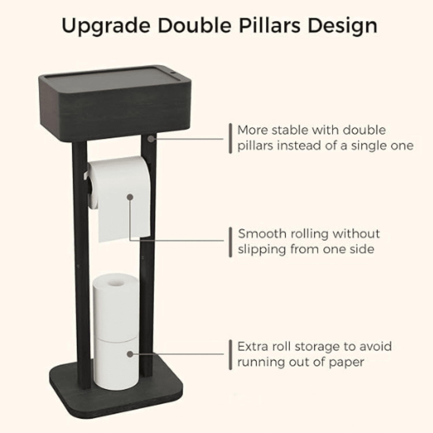 4-in-1 Black Toilet Paper Holder Stand with Storage Shelf Box, 360° Rotating Bamboo Free Standing Toilet Tissue Roll, Toilet Wipes Dispenser Organizer, Temporary Desktop for Bathroom (Patent)