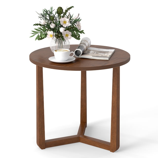 Gymax Table d'Appoint Ronde avec Pattes Robustes en Bois de Caoutchouc et Structure Triangulaire pour Chambre, Noyer