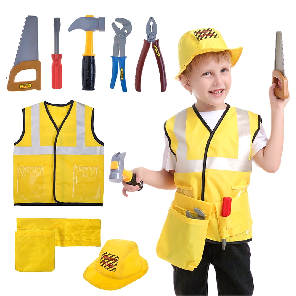 Construction Worker Kids Costume Pretend Role Play Construction Vest Tools Set 