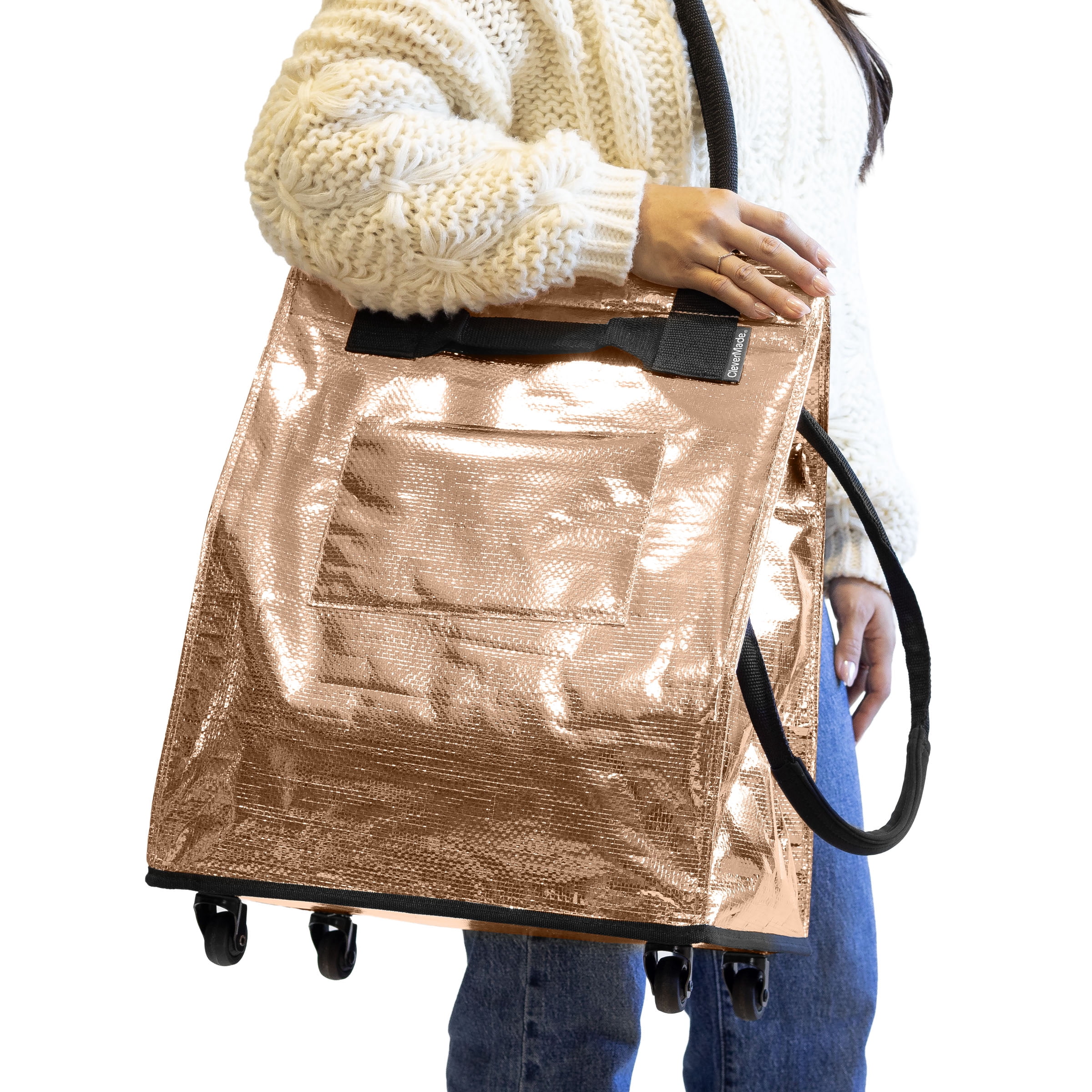 CleverMade Rolling Tote Cart 62L Collapsible Wheeled Bag, Rose Gold