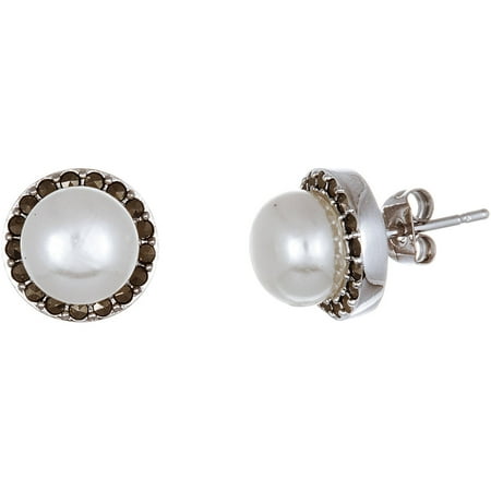 Ss Marcasite Pearl - Lesa Michele Oxidized Round Pearl Marcasite Post Earrings in Sterling Silver