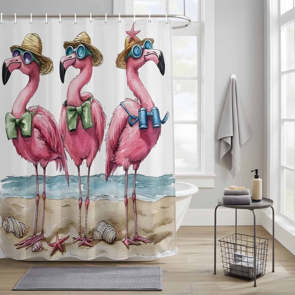 Bathroom Shower Curtain Summer Seaside Beach Flamingo Waterproof Shower Curtains with Hooks, Watercolor Shell Hat Bow Bath Curtains Bathtub Curtain Home Decor 36x72in
