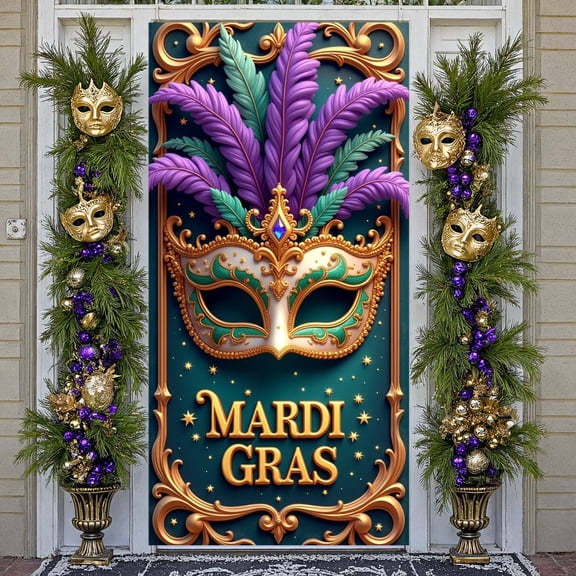 Colorful Theme Mardi Gras Banner Feather Decor Carnival Display Mask Design Gold Balloon Party Backdrop for Mardi Gras Party Carnival Celebration Festival Event