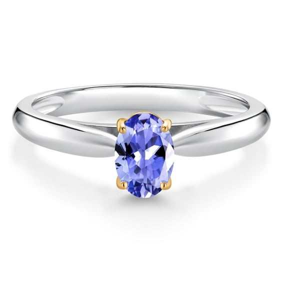 Gem Stone King 0.45 Ct Oval Blue Tanzanite 925 Silver and 10K Yellow Gold Solitaire Engagement Ring (Size 8)