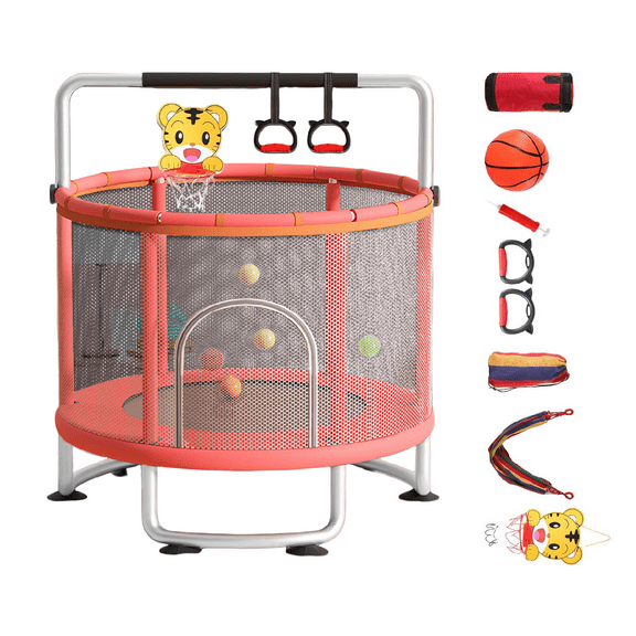 ZNNT Trampoline for Kids, 59'' Toddler Mini Trampoline with Enclosure Net, Basketball Hoop, 5ft Indoor/Outdoor Kids Trampoline with Swing, Gymnastics Bars, Gifts for Boys & Girls, 440 lbs