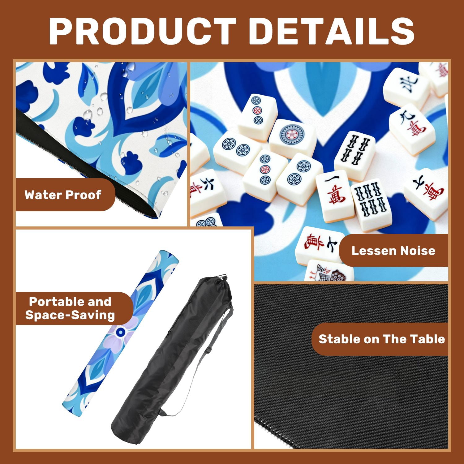 Mahjong Mat 31.5" x 31.5" Blue Floral Tile Symmetrical Design Decorative Motifs Non-Slip Noise Reduction American Mahjong Tiles Table Cover for Dominoes Poker Card Board Games Gift