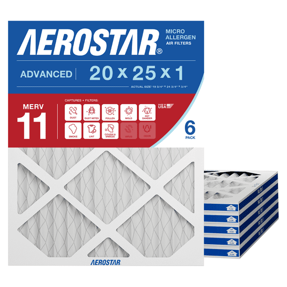 Aerostar 20x25x1 MERV 11 AC Furnace Air Filter, Pleated HVAC Filter, MPR 1000 FPR 7, Allergen Defense, 6-Pack, Made in USA