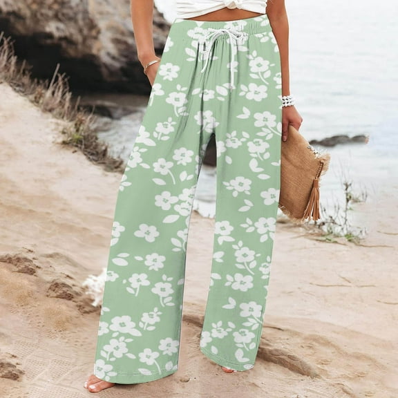 COSFO Palazzo Pants for Women Green High Elastic Waisted Floral Casual Wide Leg Pants with Pocket Drawstring Loose Adjustable Width Pants