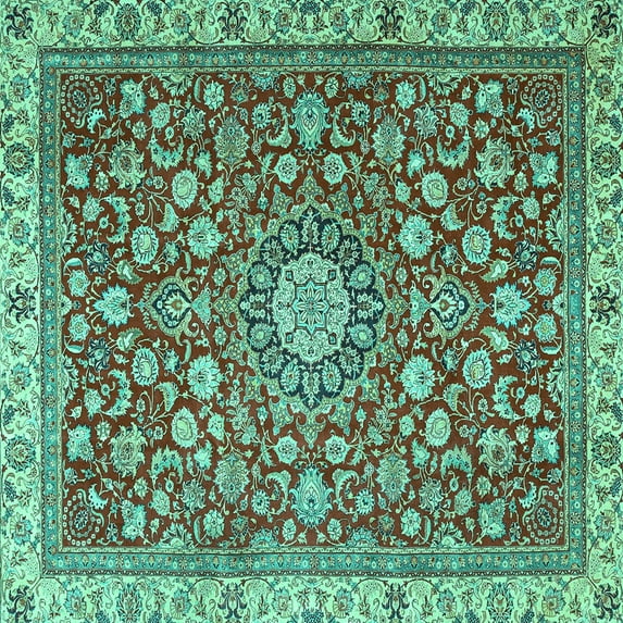 Ahgly Company Machine Washable Indoor Square Medallion Turquoise Blue Traditional Area Rugs, 7' Square