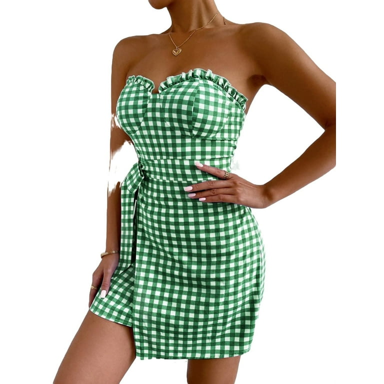 Boho Gingham Print Strapless Fitted Sleeveless Green Women Dresses Women s Walmart