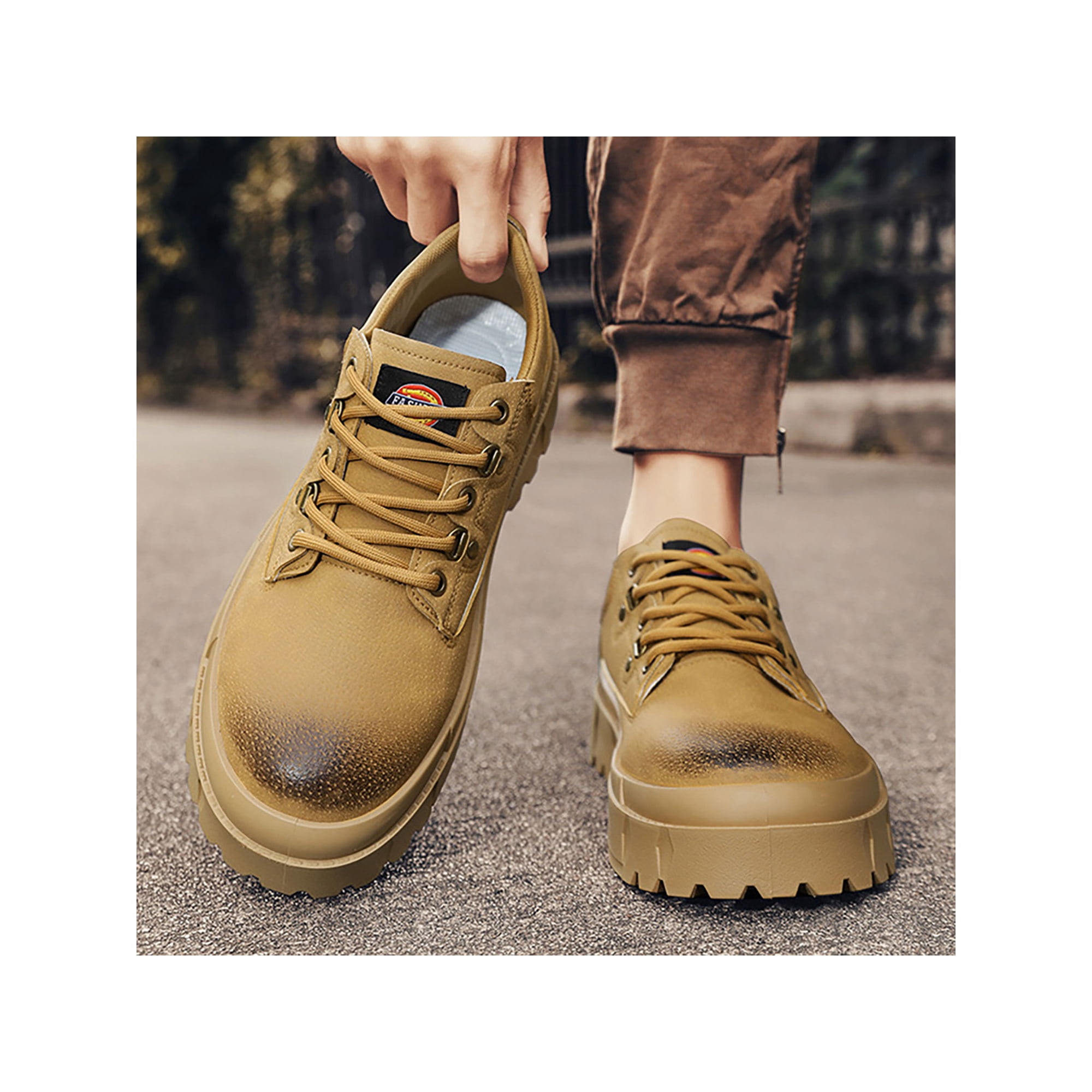 Colisha Men Leather Shoes Low Top Work Boots Non Slip Lace Up Oxfords Motorcycle Round Toe Platform Booties Yellow 5.5 Walmart