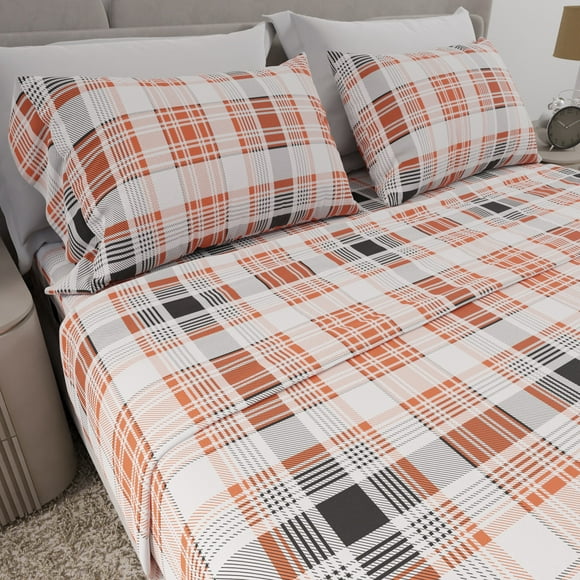 100% Cotton Super-Soft Double Brushed and Extra Warm Flannel Sheet Set, King, Red Black Plaid by Color Sense