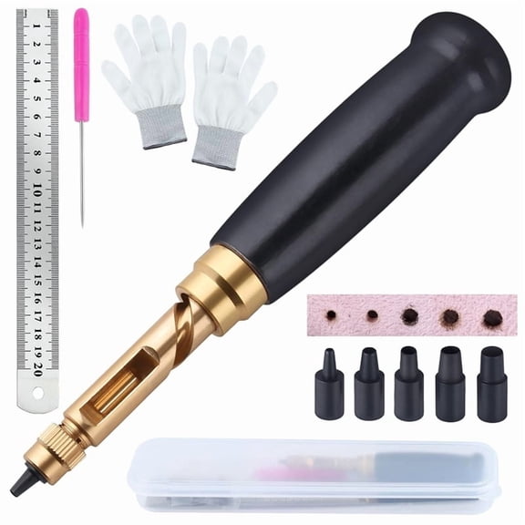 Adjustable Leather Hole Punch Tool for Belts Wood Handle Belt Hole Puncher with 6 Tip Sizes for Leather Belt, Wristband,1 set * belt hole puncher for leather,As Shown