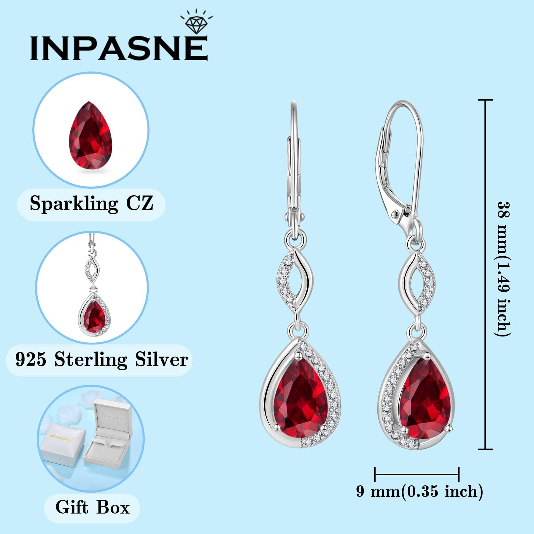 Inpasne Teardrop Dangle Drop Earrings for Women 925 Sterling Silver Leverback Ruby Earrings July Birthstone Jewelry Gifts for Mom Her Wife Girlfriend