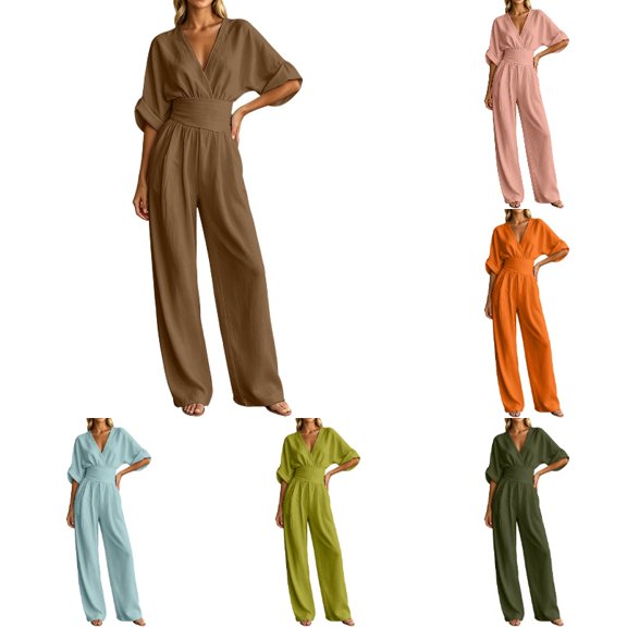 Krdevn Womens V Neck Jumpsuit Batwing Sleeve Waist Cinched Wide Leg Casual Summer Romper,3XL