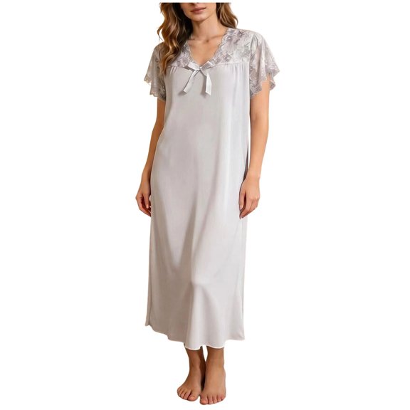 HBGVBA Nightgown for Women Short Sleeve Lace Sleepshirt Crewneck Casual Sleepwear Midi Dress Loungewear