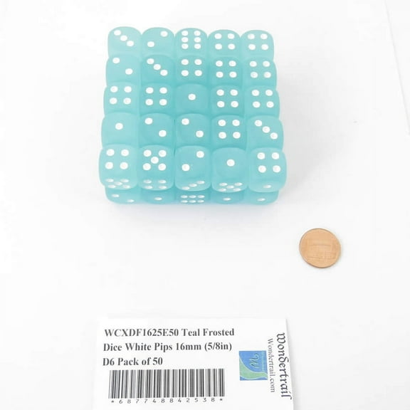 Teal Frosted Dice with White Pips 16mm (5/8in) D6 Pack of 50 Wondertrail