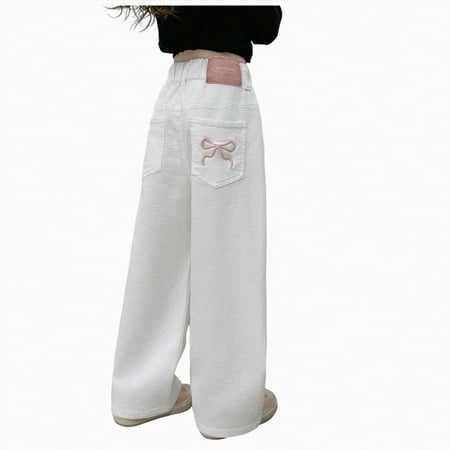 Hessimy Girls Active Embroidered Wide-Leg Streetwear Loose Waistband Jeans Little Girl Toddler Girl Cargo Pants Big Kids Pants Street Dance Sports Pants (White 13-14 Years)