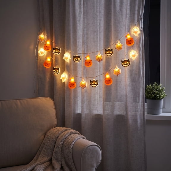 Halloween LED Decorative String Lights with Warm Orange Glow and Fun Holiday Motif Design, Battery Operated Lights for Bedroom, Party Scene, and Festive Home Display.