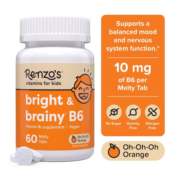 Renzo’s Bright & Brainy Vitamin B6 for Kids, Sugar-Free, Vegan Melty Tabs, 60 Count