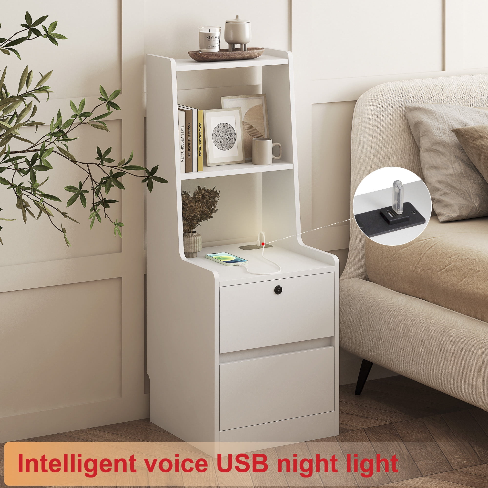 Nightstand with Charging Station & Voice Controlled 7-Color LED Night Light, Lockable Storage Cabinet and Open Bookshelf, Modern Bedside End Table for Bedroom