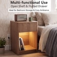 thumbnail image 3 of Fluted Nightstand with Charging Station and LED Light, Mid Century Modern Bedside Table with Drawer and Open Storage Shelf, Rounded Corners End Table for Bedroom Living Room, Walnut Brown, 3 of 9