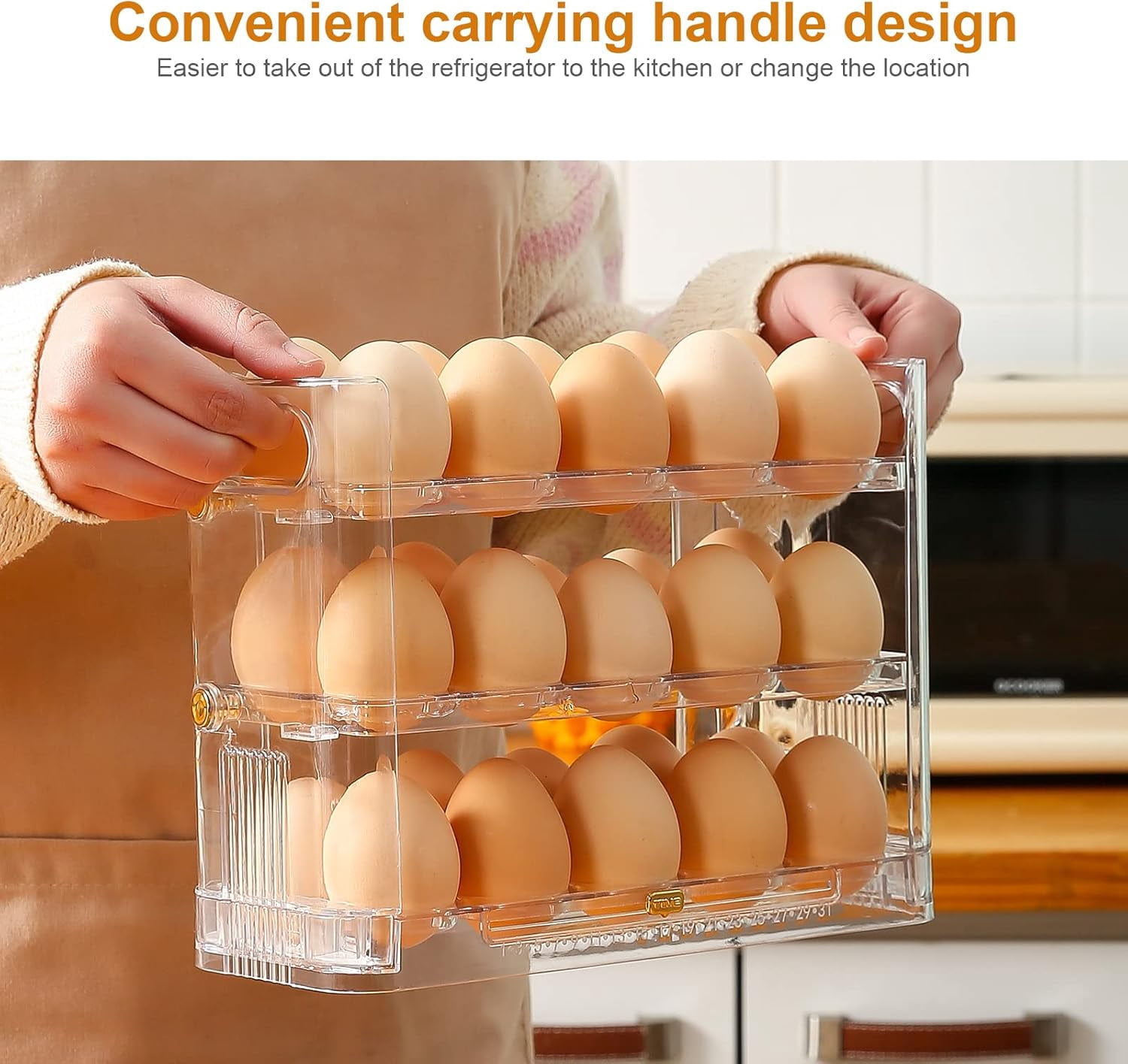 ABPETE Flippable Egg Holder For Refrigerator, Clear Acrylic Egg Storage Container For Refrigerator Side Door, Large Capacity Organizer-30 Count Capacity