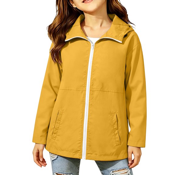 Ticikt Girls Solid Waterproof Rain Jacket, Casual Hooded Windproof Outerwear for Kids