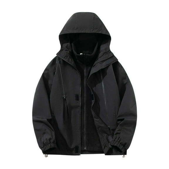 Mens Windbreaker Zip Front Windbreaker Jacket Man Solid Color Water Resistance Drawstring Pockets Hooded Outdoor Jacket Coat Black 3XL