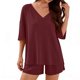 thumbnail image 1 of 3/4 Manga Casual Tops para las Mujeres Suelto V-Cuello Nervioso Punto Superior con Elástico-Cintura Pantalones Cortos Pantalones Conjuntos, Tela Elástica Suave para el Salón Diario Y el Uso Casual, 1 of 5