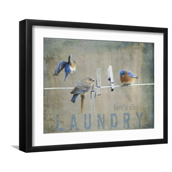 Art.com Laundry Day Bluebirds Giclee Print by Jai Johnson, Black Frame Wall Art, 21" x 17"