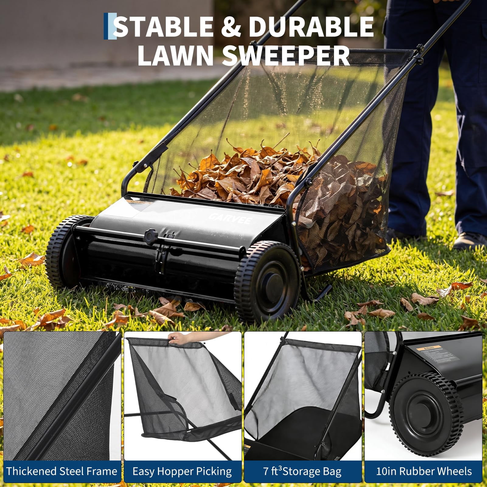26" Push Lawn Sweeper, 7 cu ft Grass Cutter & Leaf Collector with 4 High-Speed Brushes, Durable Steel Walk-Behind Sweeper for Yard Cleanup