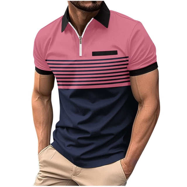 Ceisia Men's Color-Blocked Striped Zip-Up Short Sleeve Polo Shirt Casual Summer Top Pink XXL Gifts